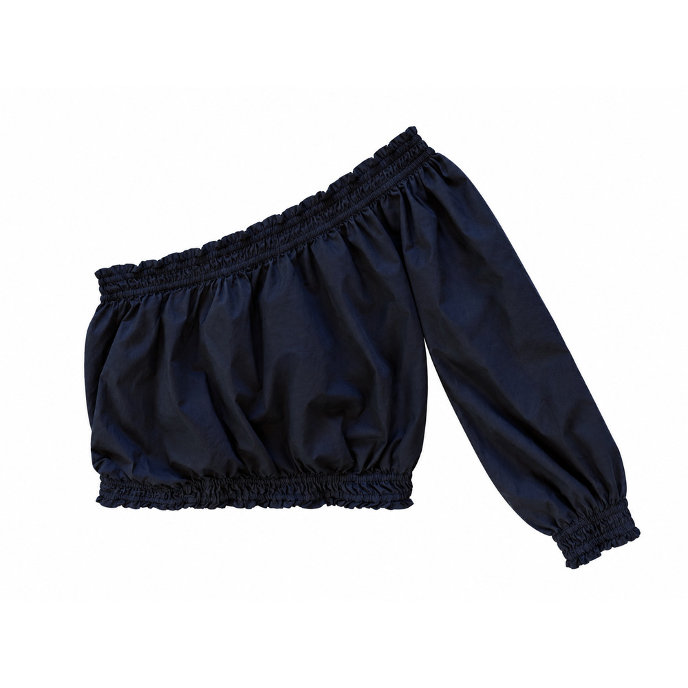 Free People One Shoulder Top Womens Medium Navy Blue Smocked Balloon Sleeve Crop - Picture 3 of 8